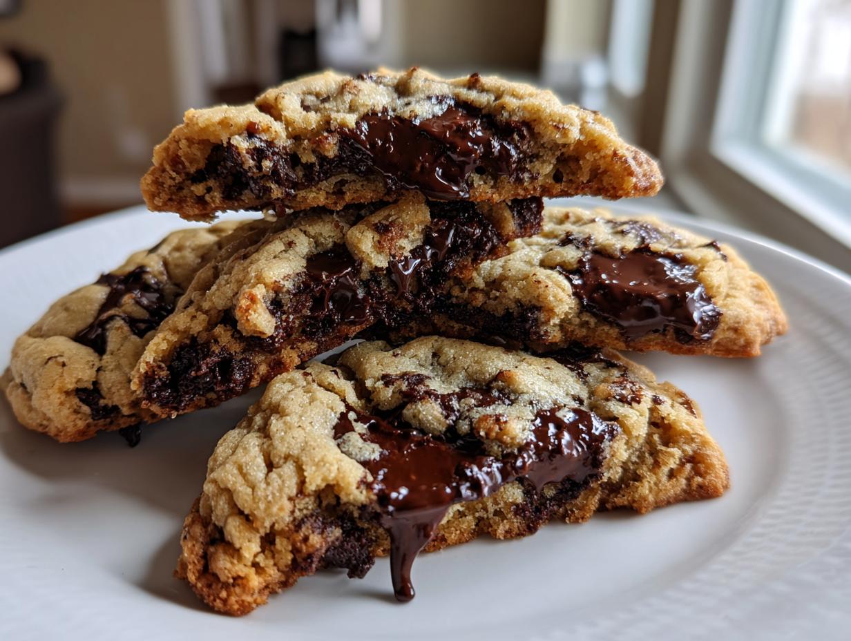 Close-up of stacked brown butter chocolate chip cookies, showing melted, gooey chocolate centers.