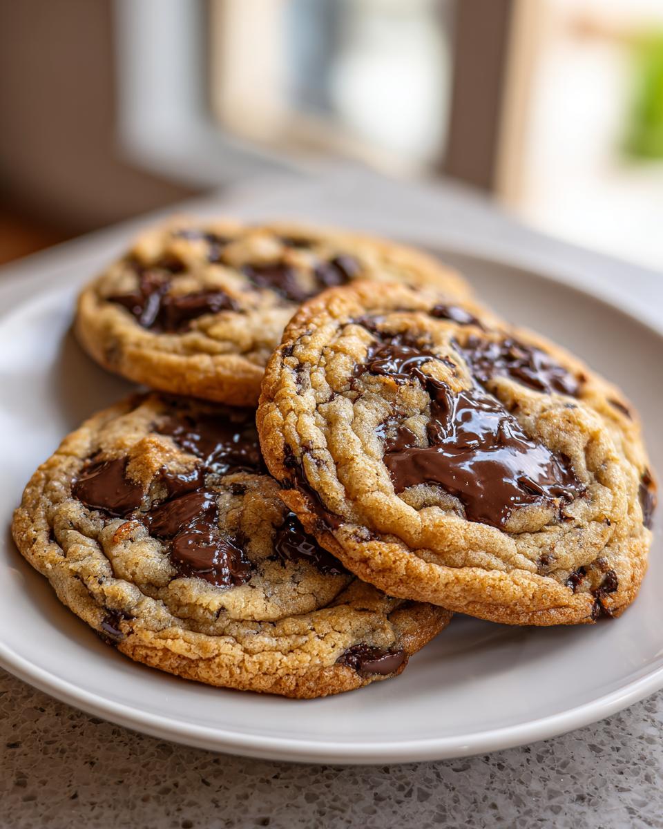 Three freshly baked brown butter chocolate chip cookies stacked slightly on a white plate with gooey melted chocolate.