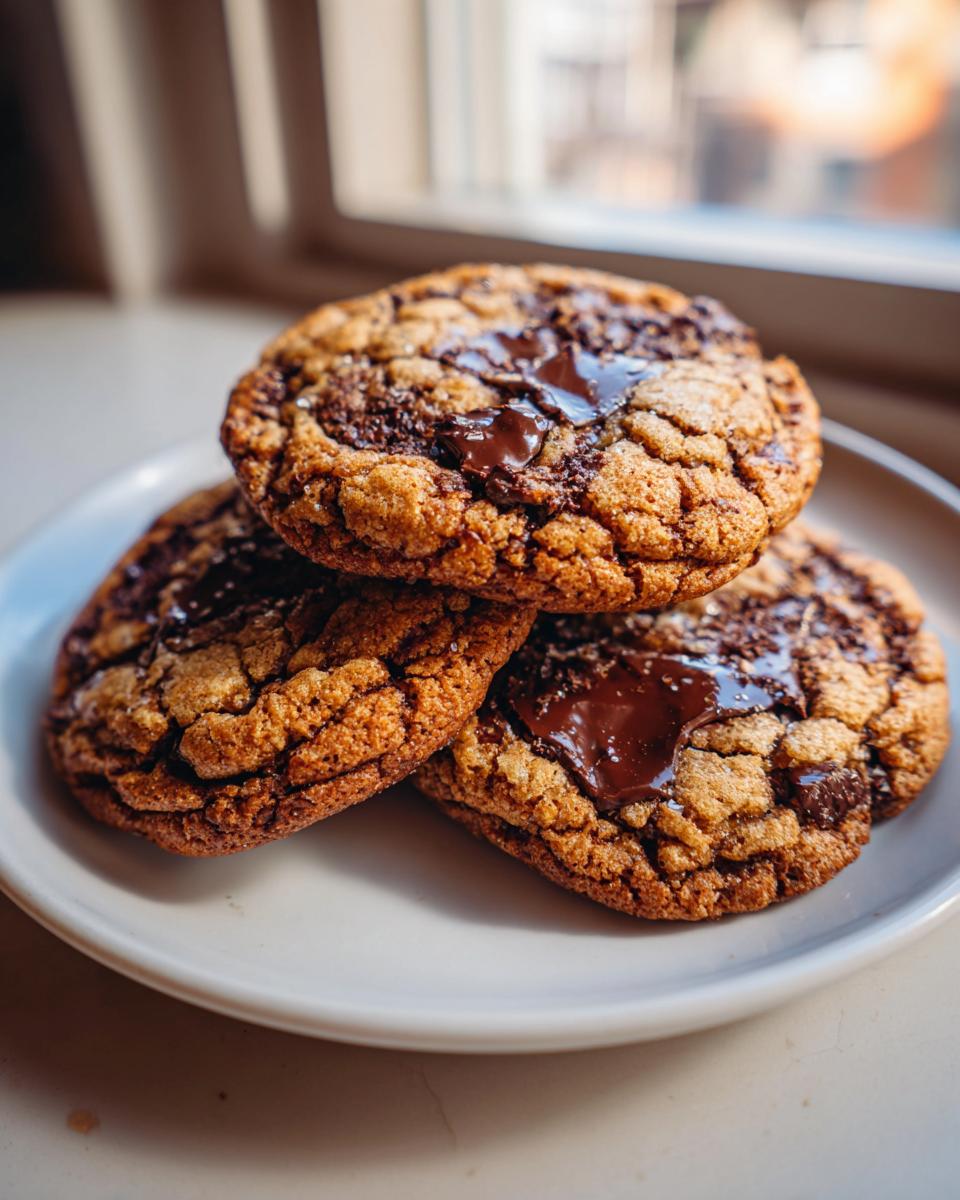 Three freshly baked brown butter chocolate chip cookies stacked on a white plate, featuring gooey melted chocolate centers.