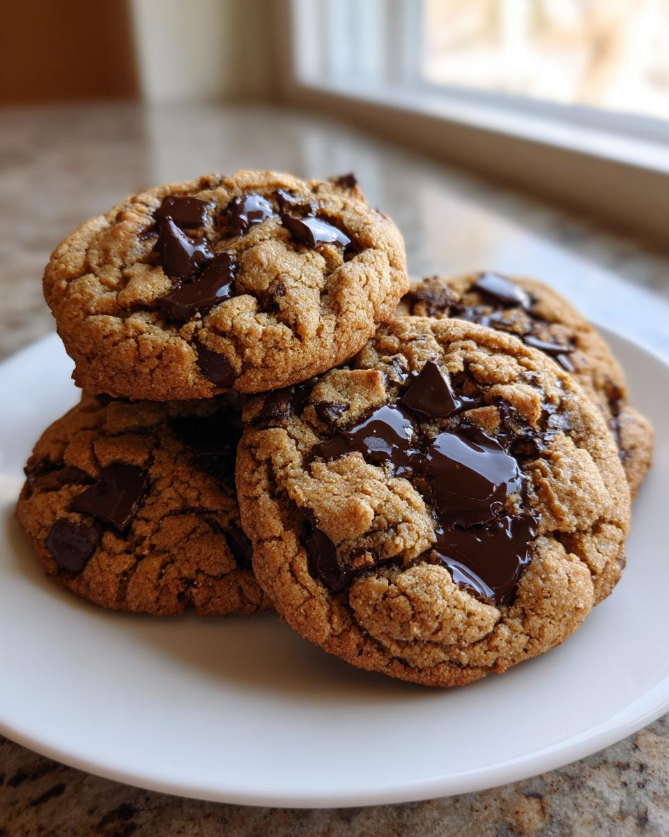 A stack of gooey brown butter chocolate chip cookies with pools of melted dark chocolate on top, served on a white plate.