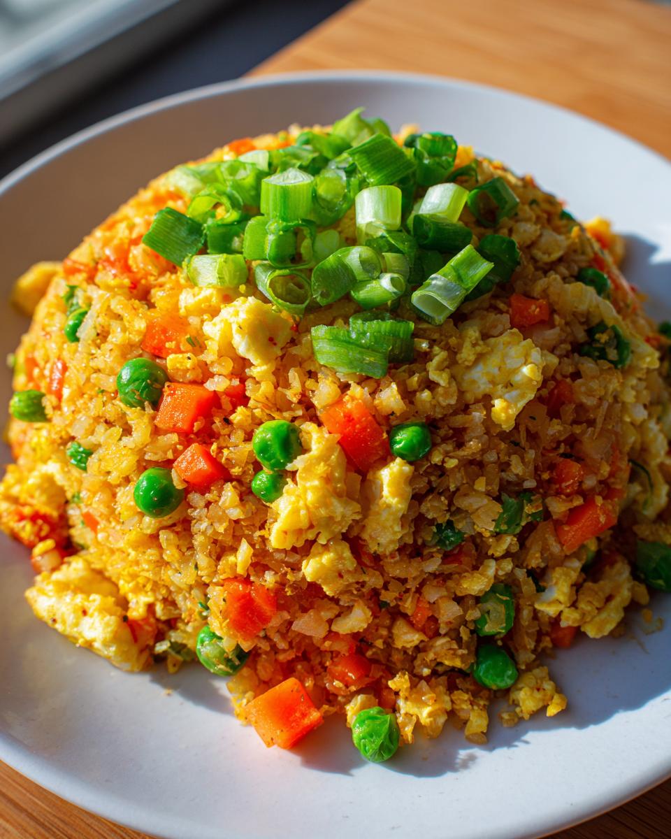 A mound of flavorful cauliflower rice stir-fry mixed with scrambled egg, carrots, and peas, topped generously with fresh green onions.