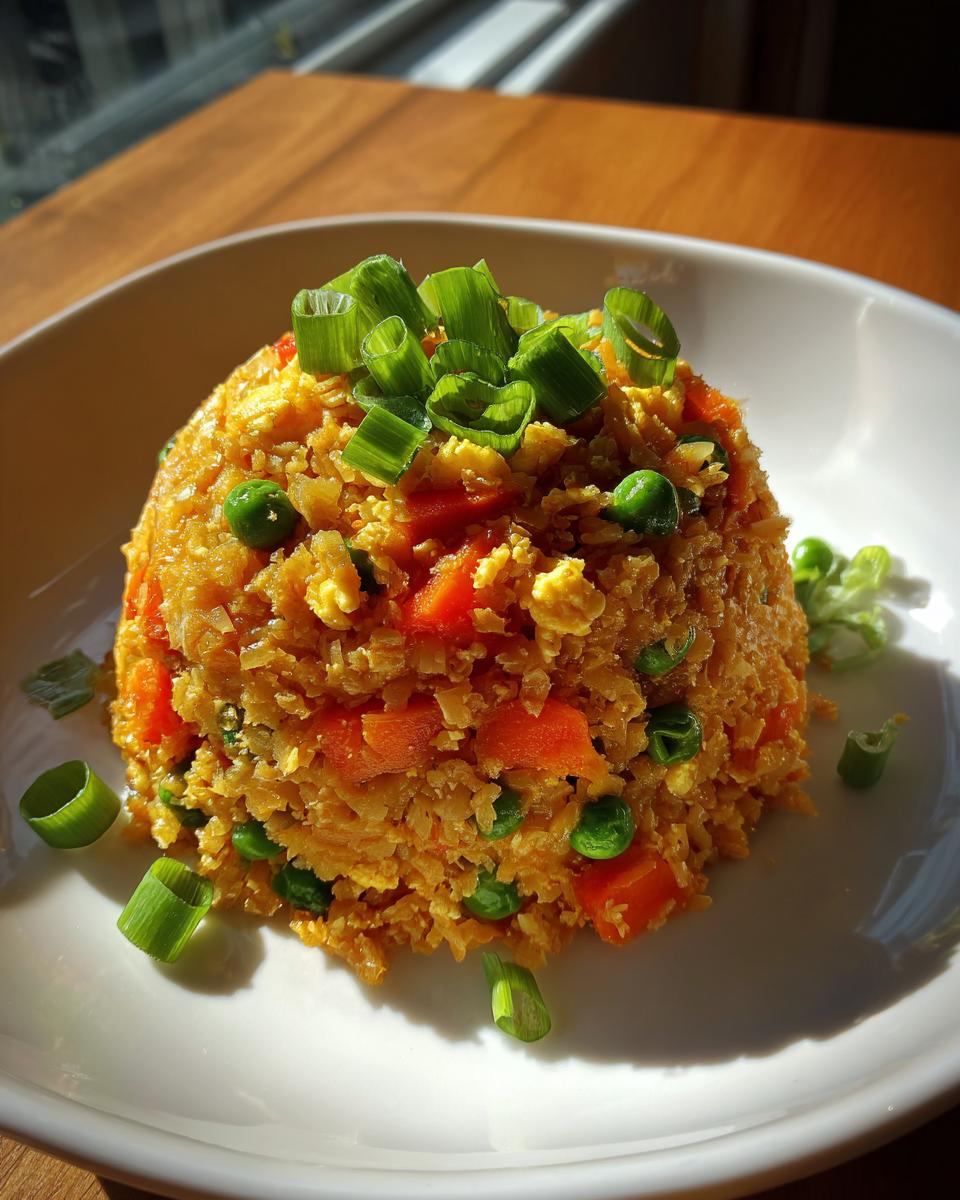 A mound of savory cauliflower rice mixed with diced carrots and peas, topped with fresh green onions.