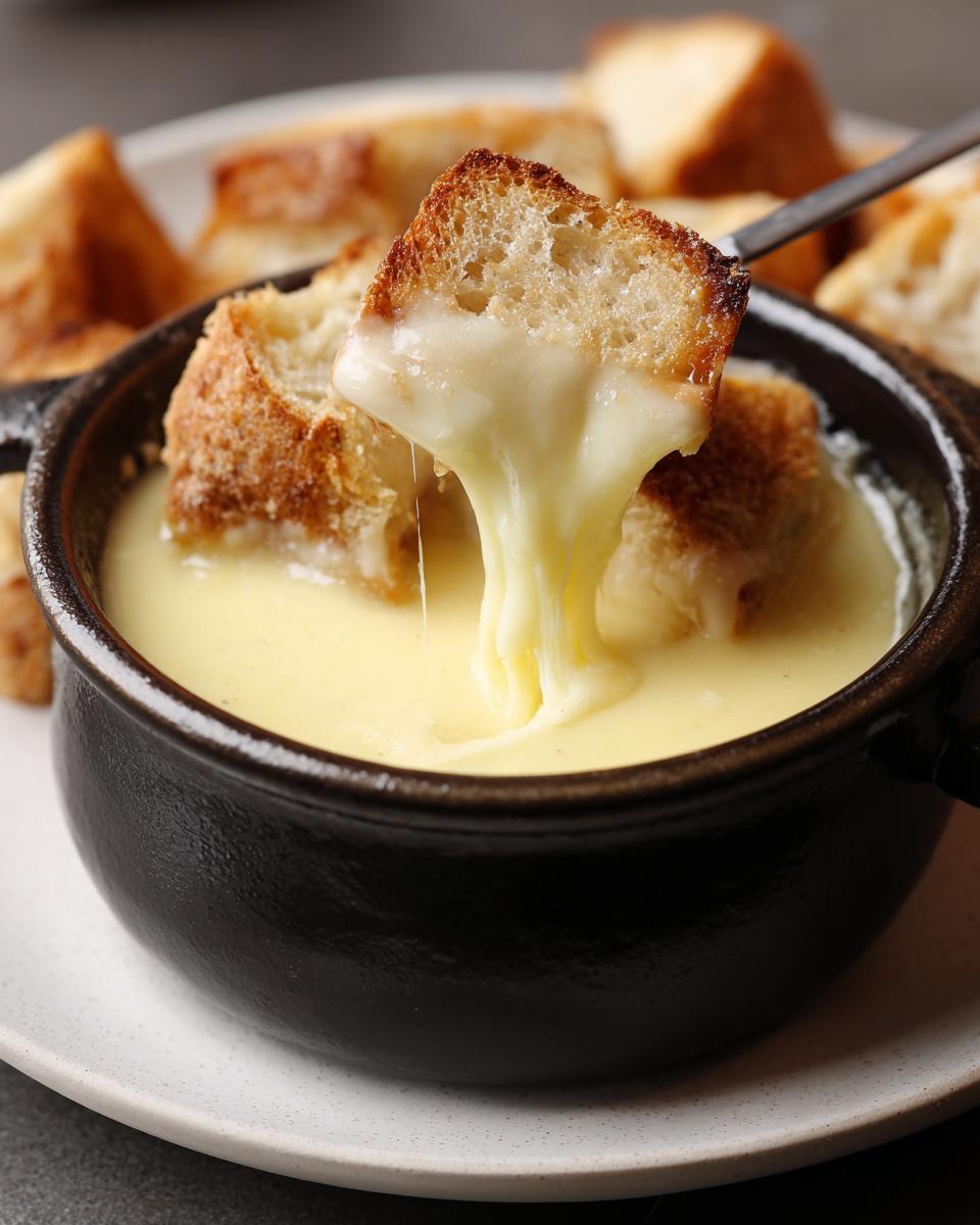 A piece of toasted bread being dipped into a pot of hot, stretchy cheese fondue.