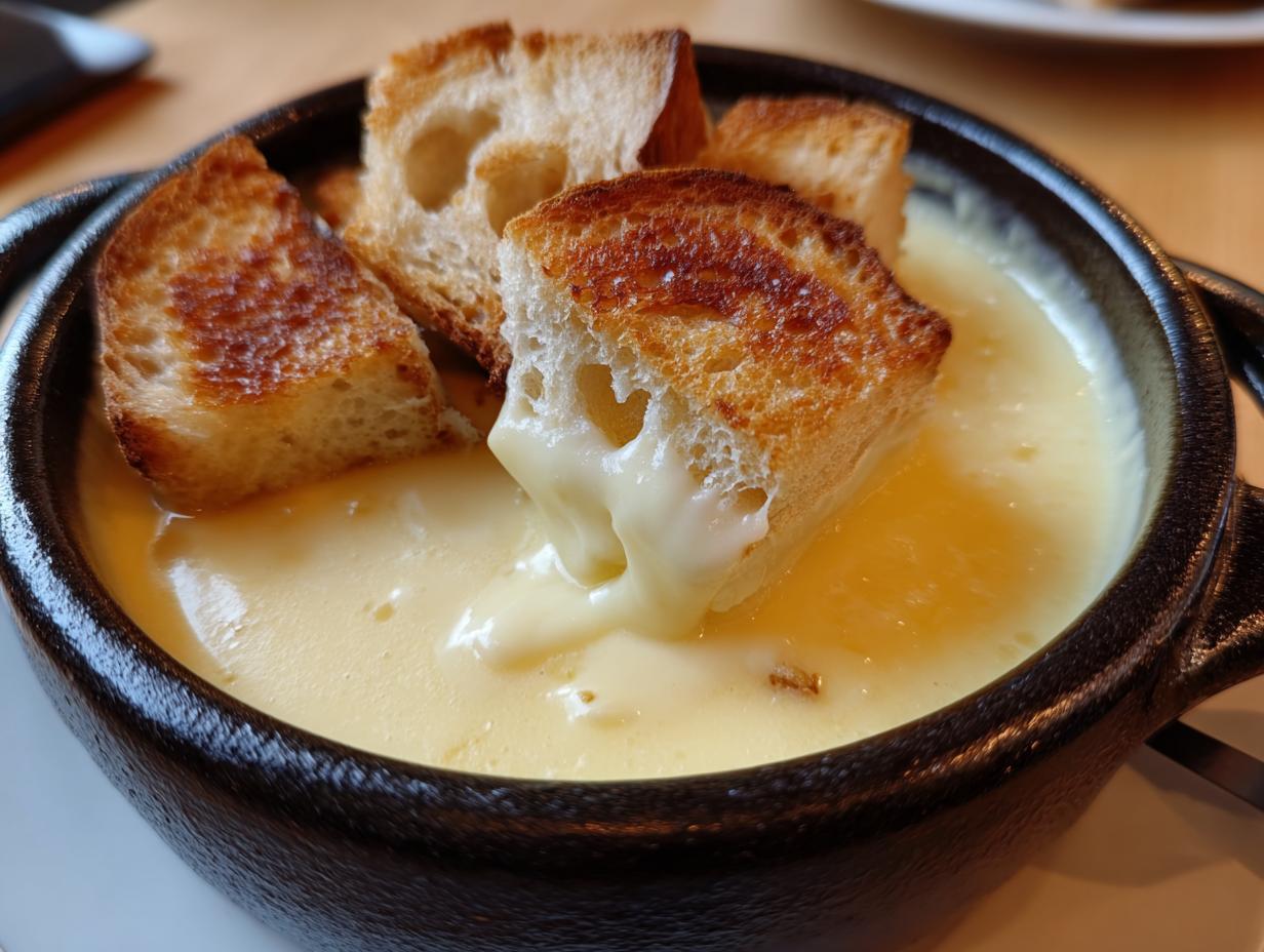 Close-up of toasted bread cubes dipping into a rich, creamy pot of cheese fondue.