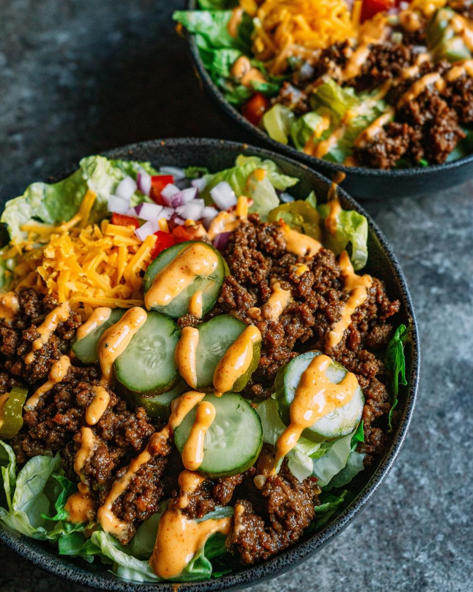 Close-up of a flavorful cheeseburger bowl featuring seasoned ground beef, pickles, cheese, and special sauce over lettuce.
