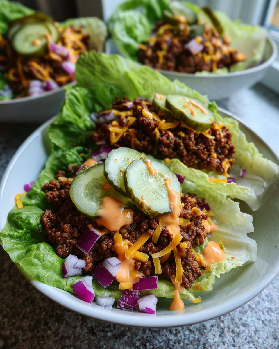 Close-up of a lettuce wrap serving of cheeseburger bowl topped with ground meat, cheese, sauce, pickles, and red onion.