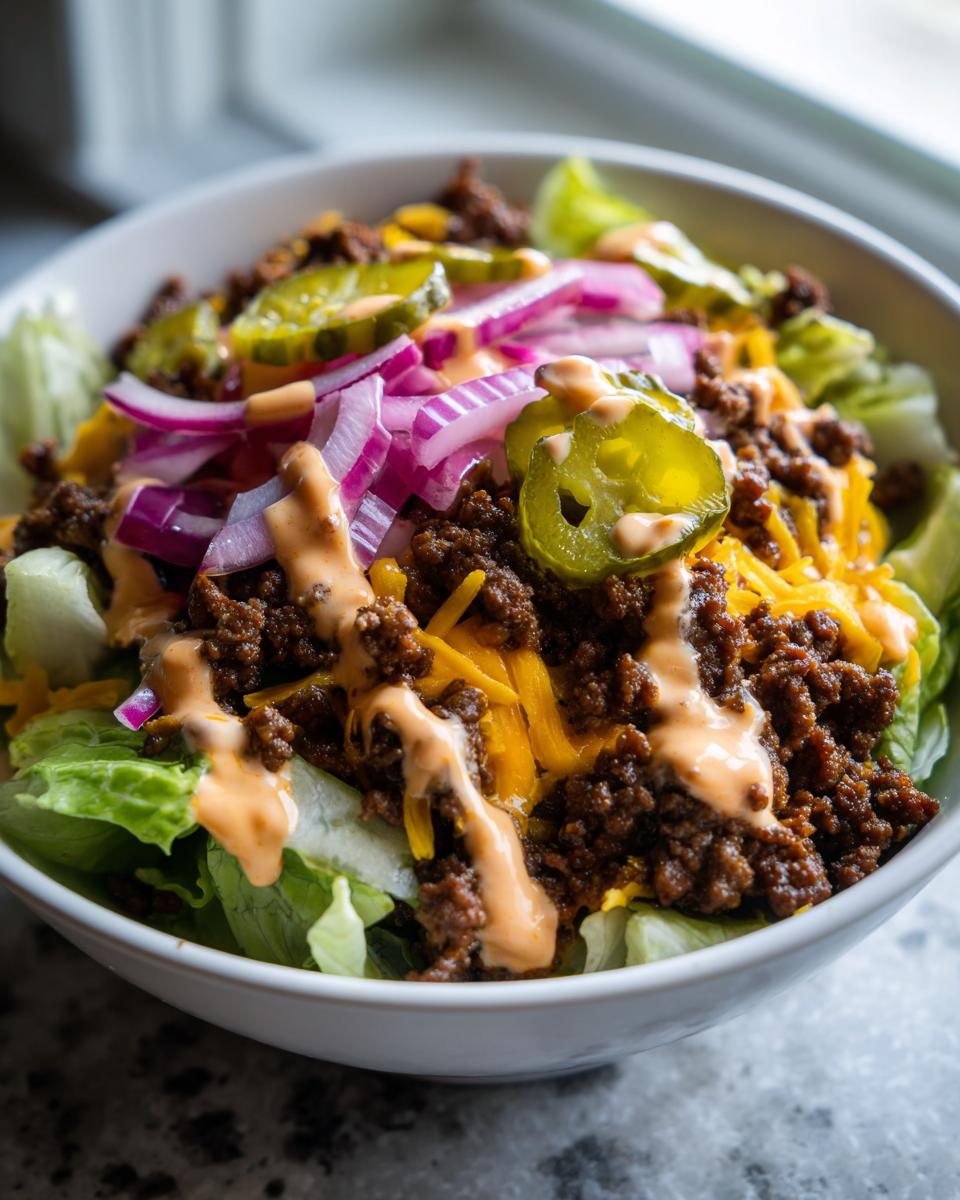 A close-up view of a delicious cheeseburger bowl featuring seasoned ground beef, shredded cheese, red onions, pickles, and a creamy sauce drizzle over lettuce.