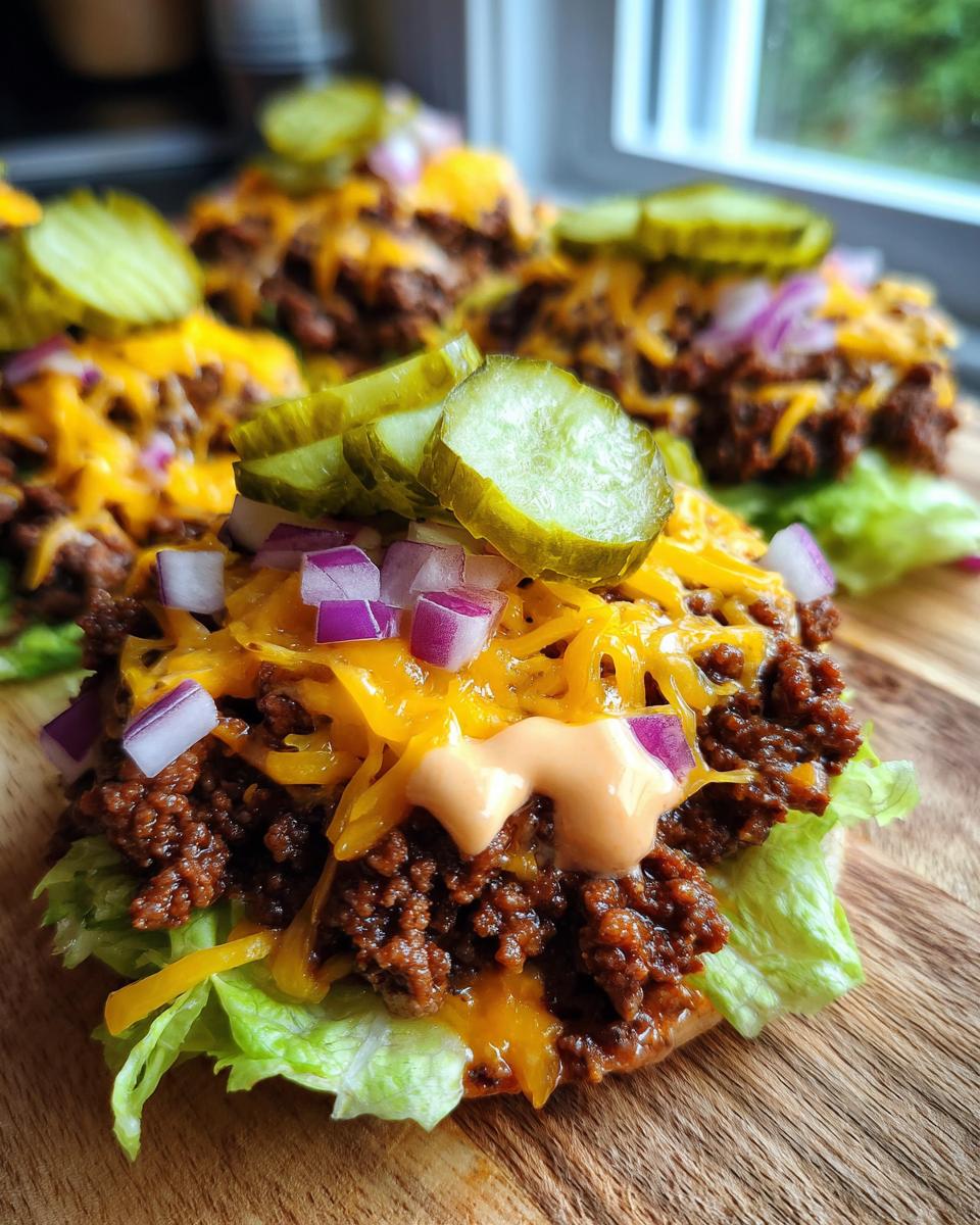 Close-up of a serving of cheeseburger bowl ingredients: seasoned ground beef, melted cheddar, diced red onion, pickles, and sauce on lettuce.