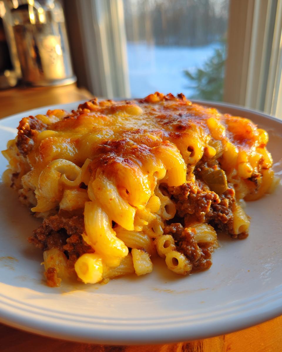 A close-up serving of cheesy cheeseburger casserole featuring elbow macaroni, seasoned ground beef, and a melted, golden-brown cheese topping.