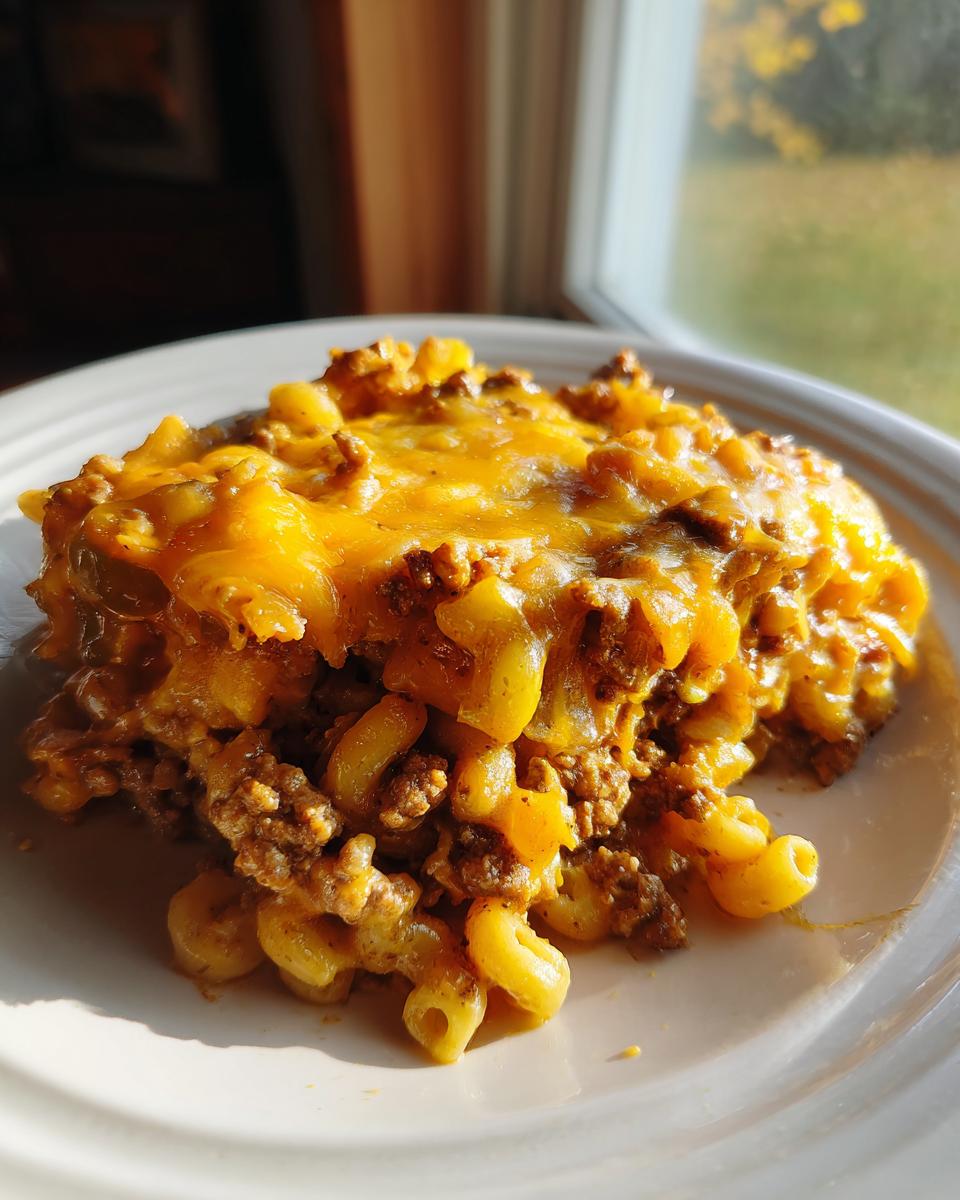 A hearty portion of cheeseburger casserole featuring elbow macaroni, ground beef, and melted cheddar cheese on a white plate.