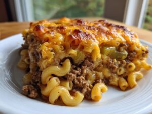 A generous serving of baked cheeseburger casserole featuring elbow macaroni, ground beef, and a bubbly, browned cheddar cheese topping.