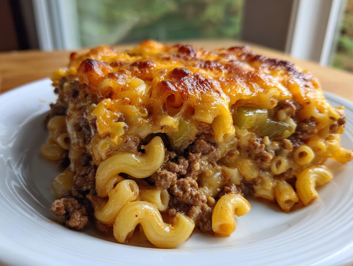 A generous serving of baked cheeseburger casserole featuring elbow macaroni, ground beef, and a bubbly, browned cheddar cheese topping.