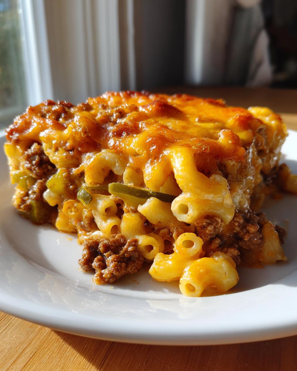 A close-up serving of cheesy cheeseburger casserole featuring elbow macaroni, ground beef, and melted cheddar cheese topping.