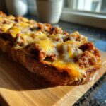 Close-up of a slice of toasted bread topped with savory meat mixture and melted cheese, ready to serve for the hanky panky recipe.