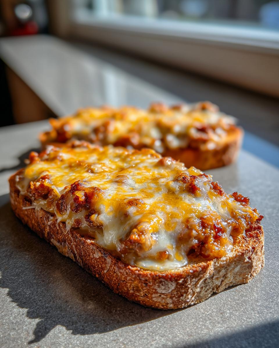 Close-up of cheesy, savory hanky panky recipe mixture melted over toasted bread slices.