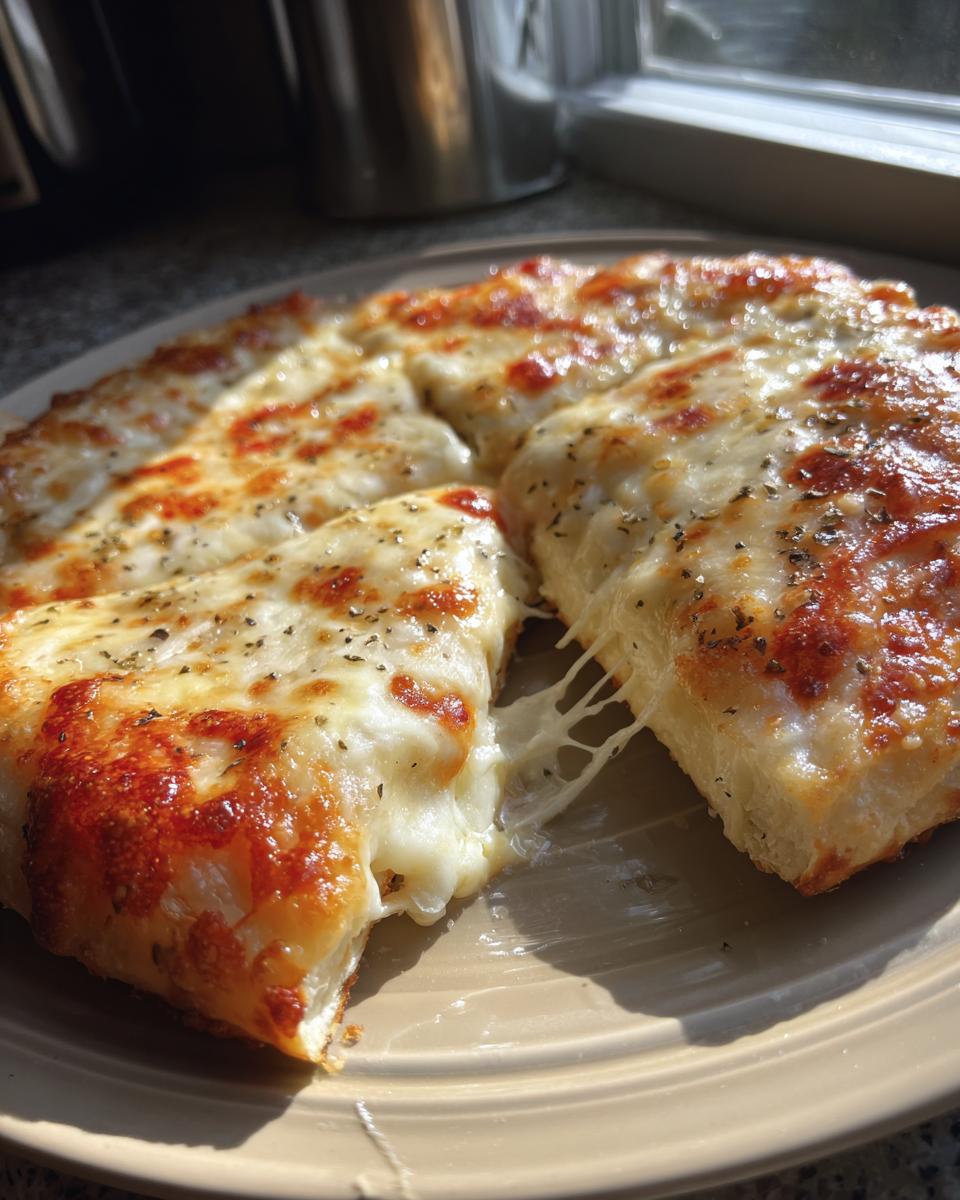 Close-up of cheesy keto pizza crust slices being pulled apart, showing a dramatic cheese pull.