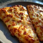 Close-up of two slices of cheesy keto pizza crust, perfectly browned and bubbling.