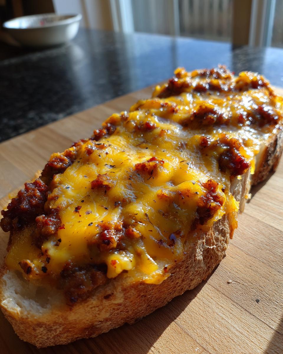Close-up of a slice of bread topped with savory meat mixture and melted cheddar cheese, part of the hanky panky recipe.