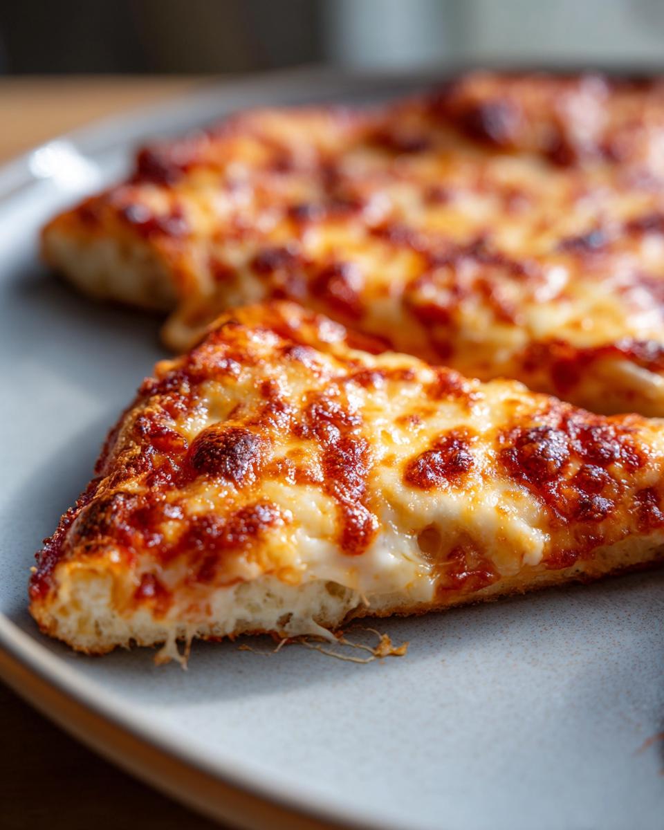 Close-up of a cheesy slice showing the texture of the keto pizza crust.