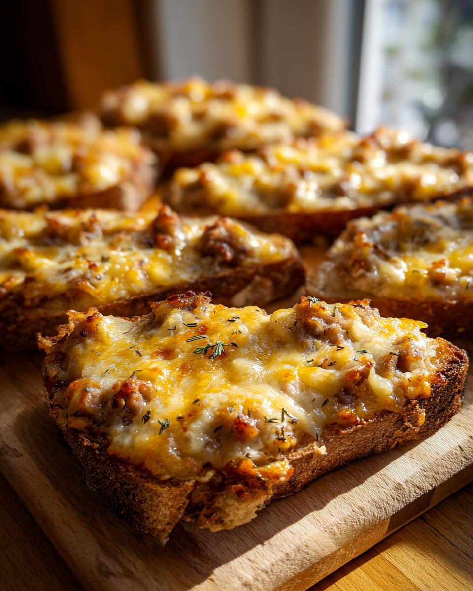 Close-up of cheesy, savory topping on toasted bread slices, showcasing the hanky panky recipe preparation.