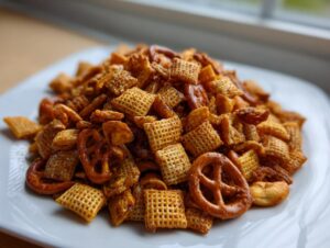 A close-up of a generous serving of seasoned chex party mix, featuring square cereal pieces and pretzels, piled on a white plate.