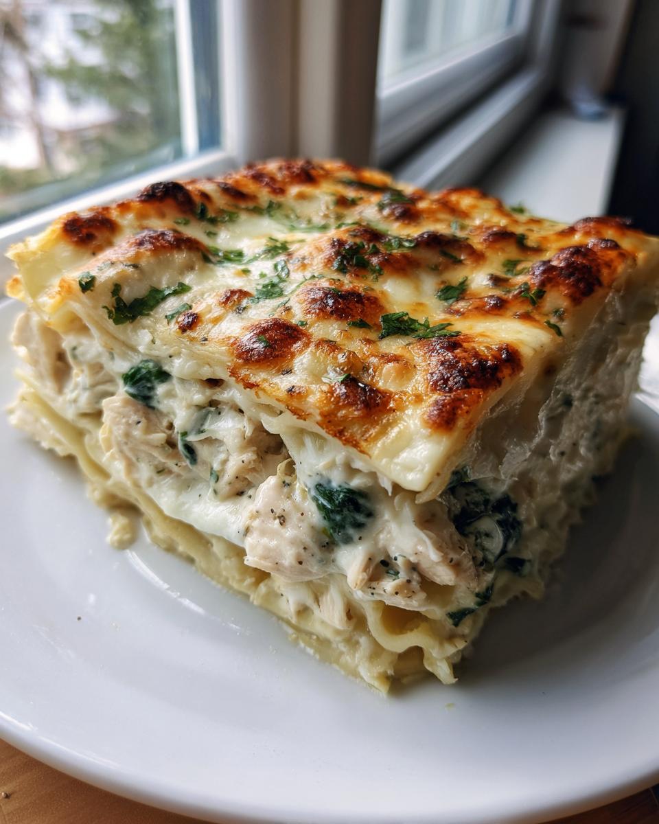 A tall, square slice of rich chicken alfredo lasagna with layers of pasta, creamy filling, chicken, and spinach, topped with bubbly, browned cheese.