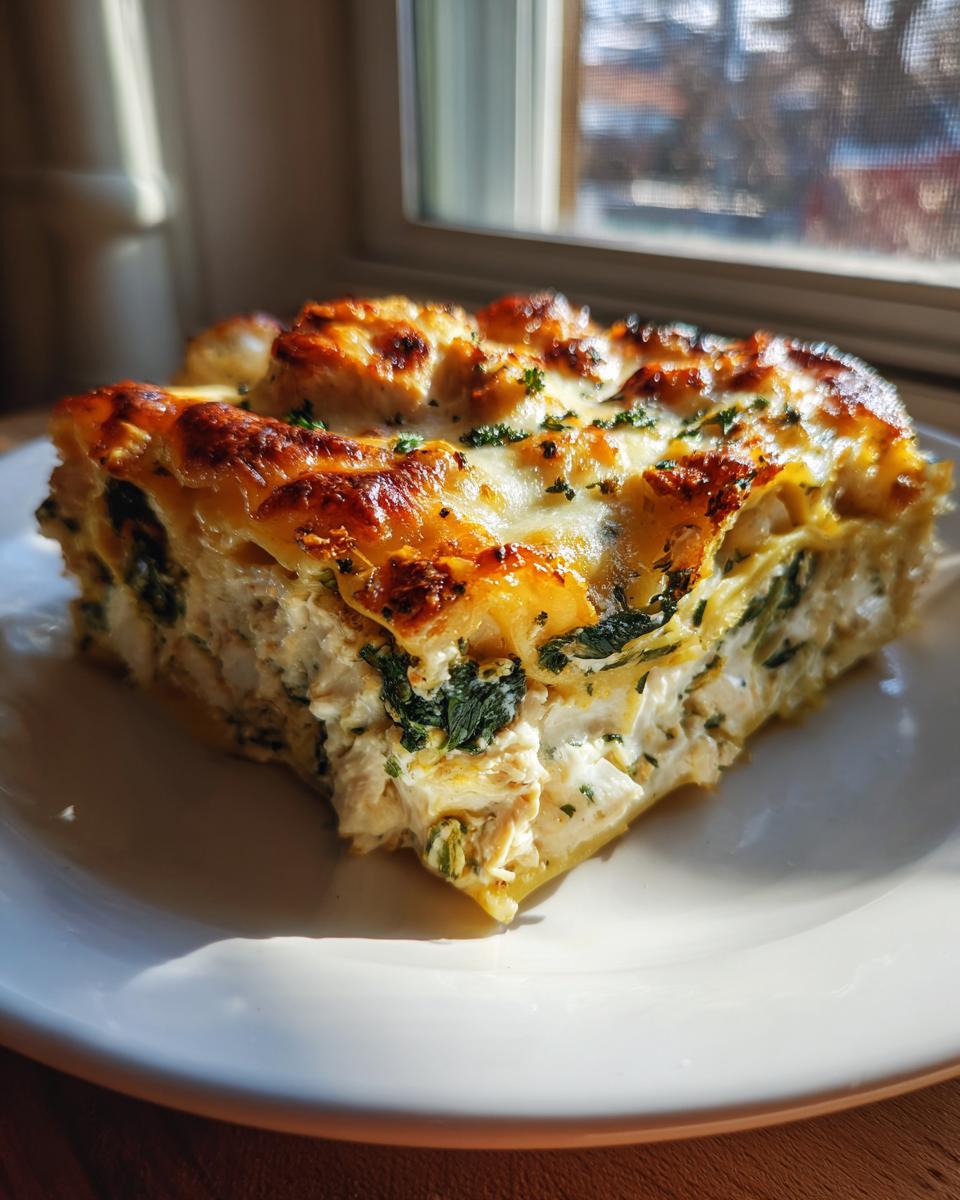 A generous slice of rich chicken alfredo lasagna showing layers of creamy filling, spinach, and a bubbly, browned cheese crust.