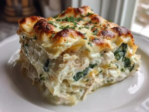 A thick, creamy slice of chicken alfredo lasagna featuring layers of pasta, shredded chicken, spinach, and a bubbly, browned cheese topping.