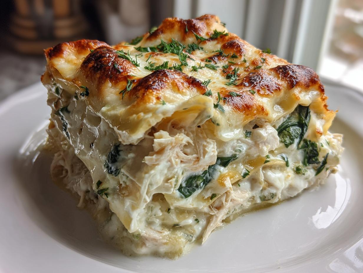 A thick, creamy slice of chicken alfredo lasagna featuring layers of pasta, shredded chicken, spinach, and a bubbly, browned cheese topping.