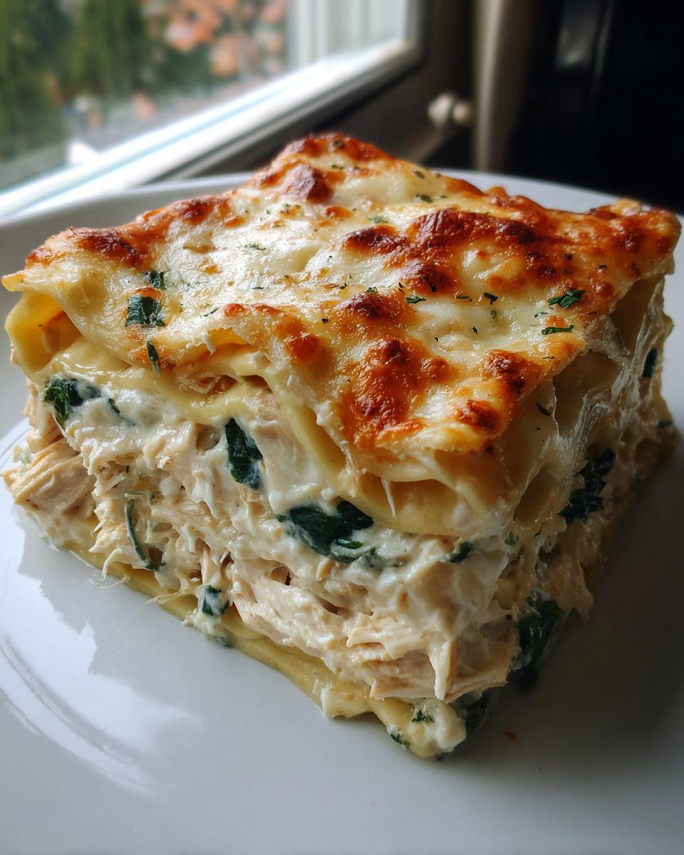 A thick, square slice of baked chicken alfredo lasagna showing layers of pasta, creamy chicken filling, and spinach, topped with browned cheese.