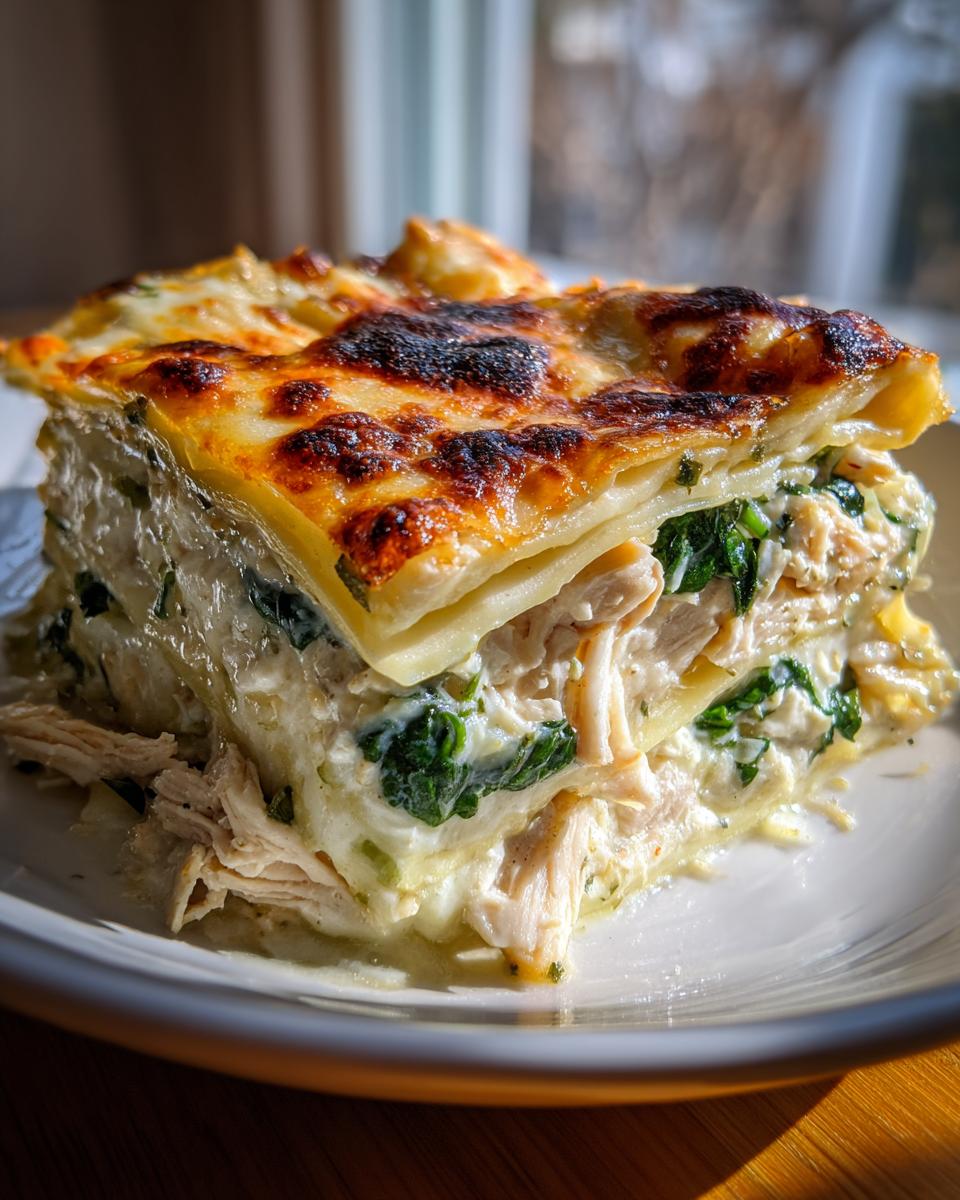 A close-up, tall slice of chicken alfredo lasagna featuring layers of pasta, shredded chicken, spinach, and creamy white sauce with a browned cheese top.