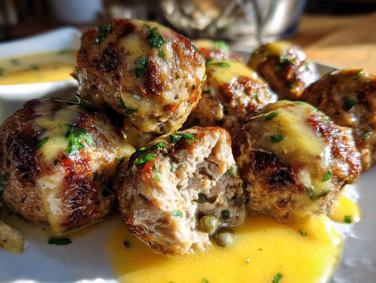Close-up of browned chicken piccata meatballs drizzled with lemon-butter sauce and garnished with parsley and capers.