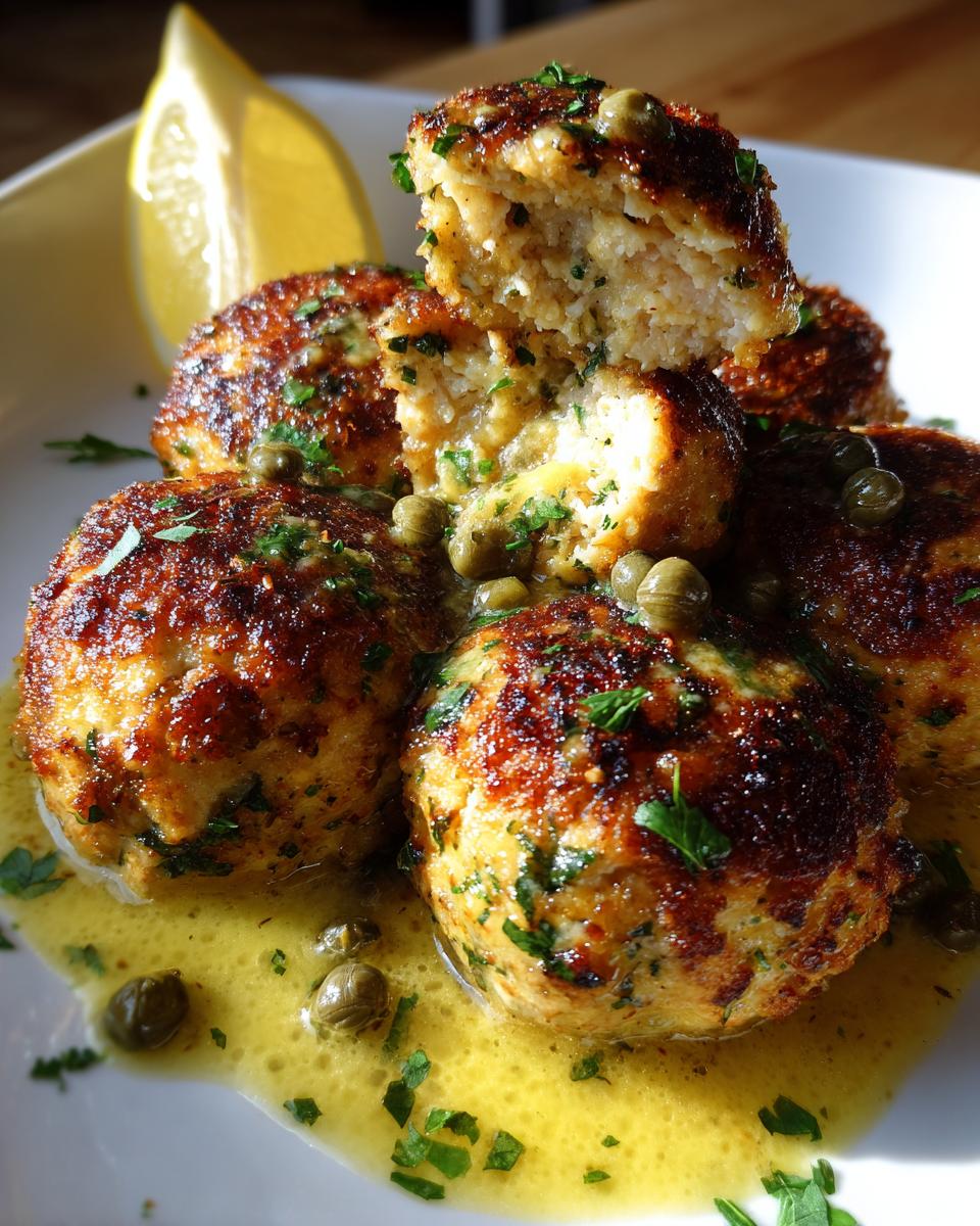 Close-up of golden brown chicken piccata meatballs smothered in lemon-butter sauce with capers and parsley, one is broken open.