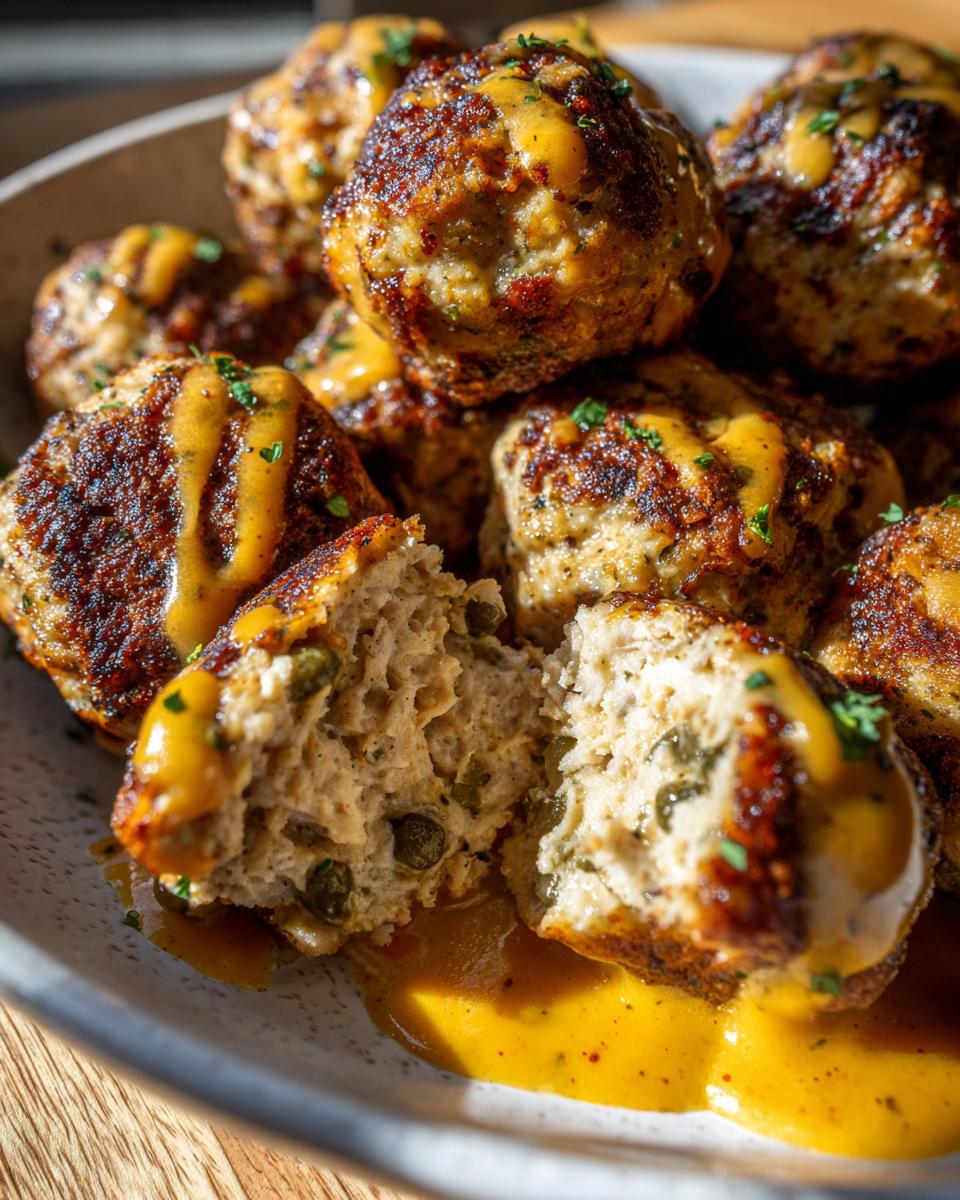 Close-up of browned chicken piccata meatballs, one cut open showing capers inside, drizzled with yellow lemon sauce.