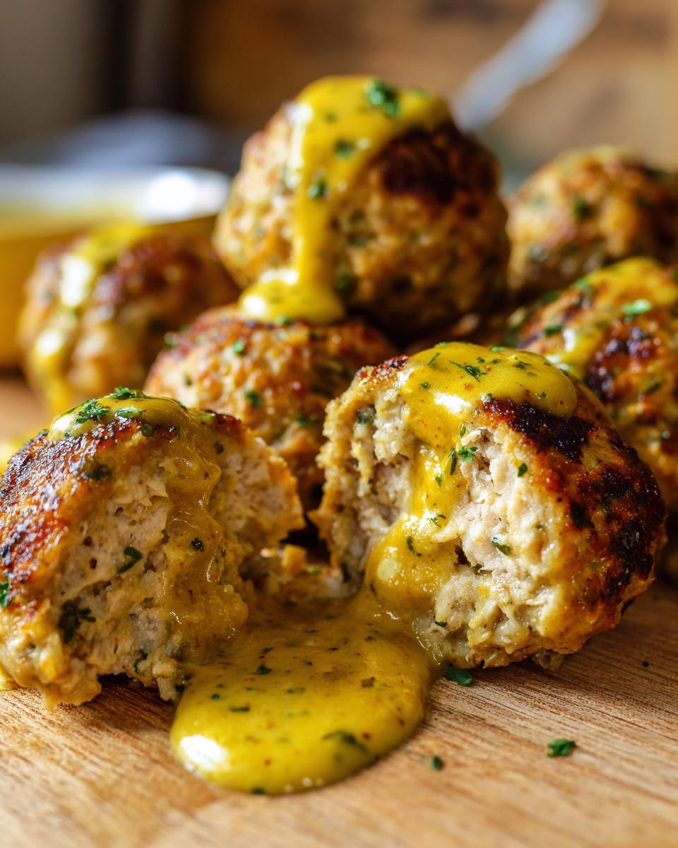 Close-up of juicy chicken piccata meatballs, one cut open, drizzled with bright yellow lemon-caper sauce.