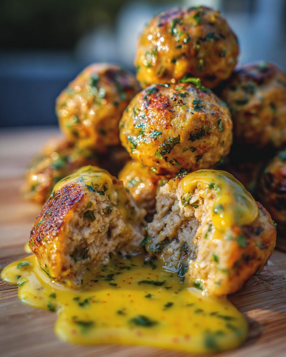 Close-up of chicken piccata meatballs, one cut open showing the interior and drizzled with bright yellow lemon-caper sauce.