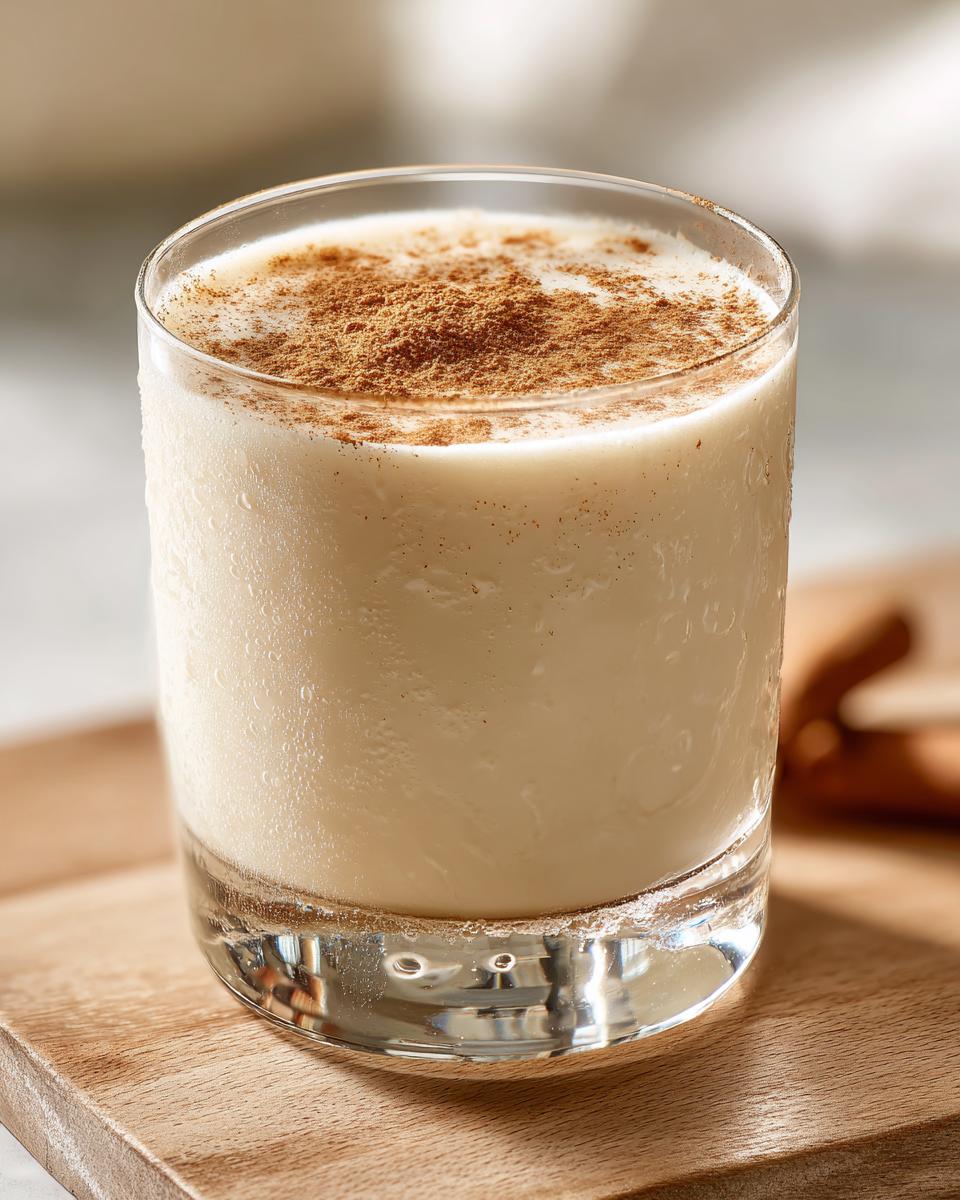A chilled glass of creamy coquito topped generously with ground cinnamon, resting on a wooden board.