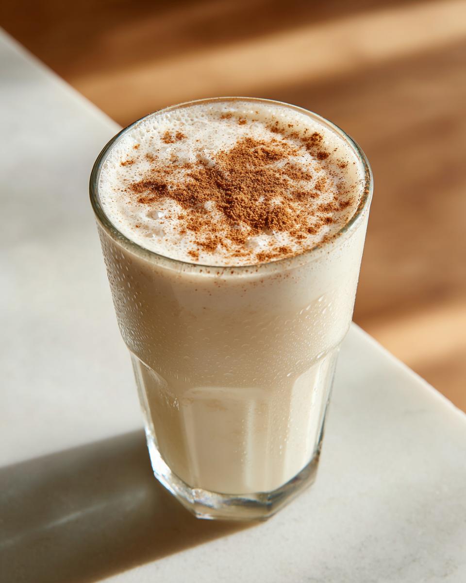 A tall, chilled glass filled with creamy coquito, topped with a dusting of ground cinnamon.