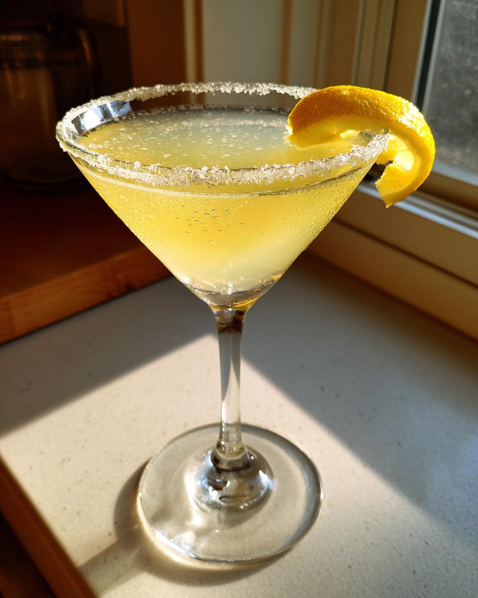 A chilled, yellow lemon drop martini in a sugar-rimmed coupe glass, garnished with a lemon twist.