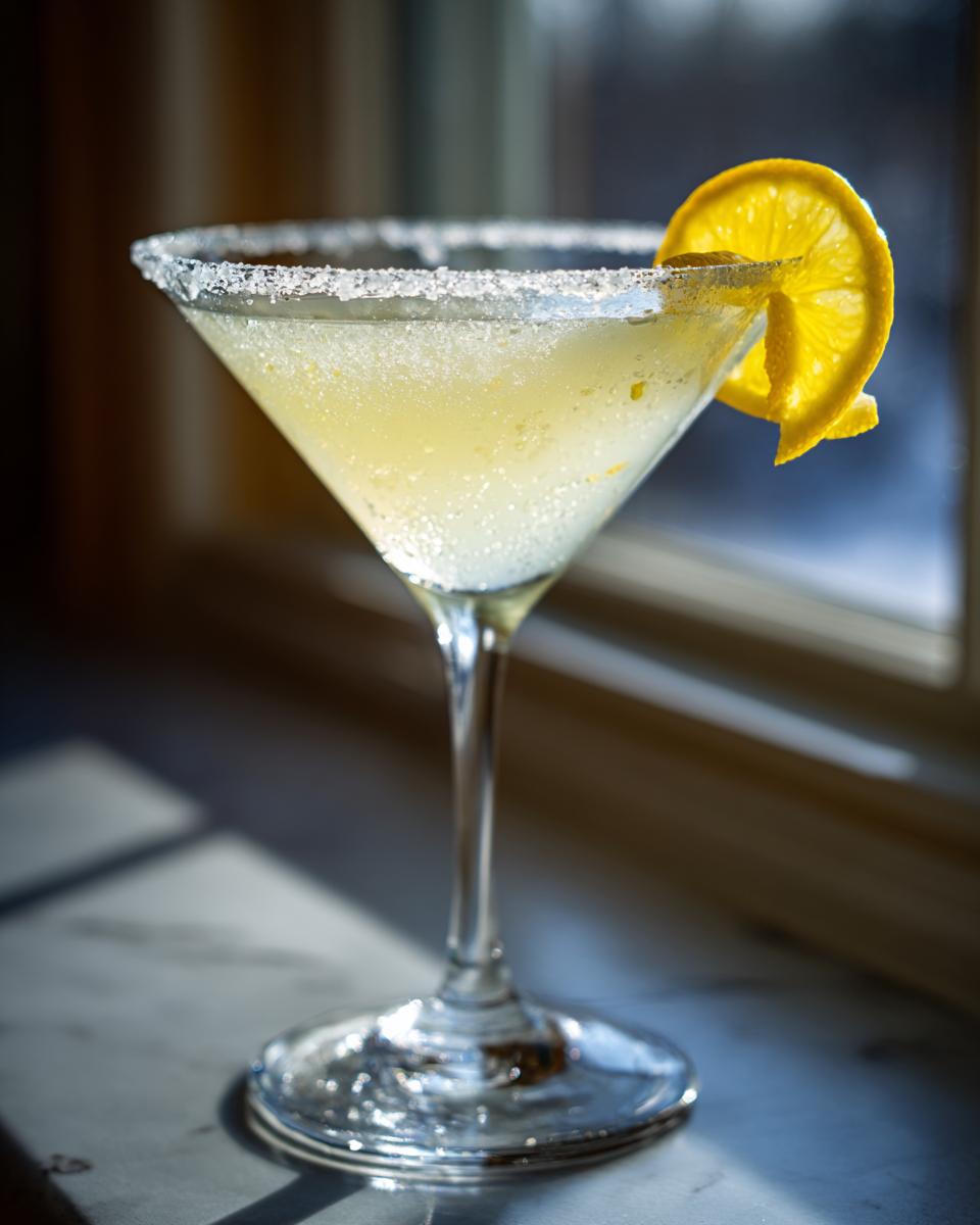 A chilled, frosty lemon drop martini in a stemmed glass with a sugar-rim and a lemon wheel garnish.