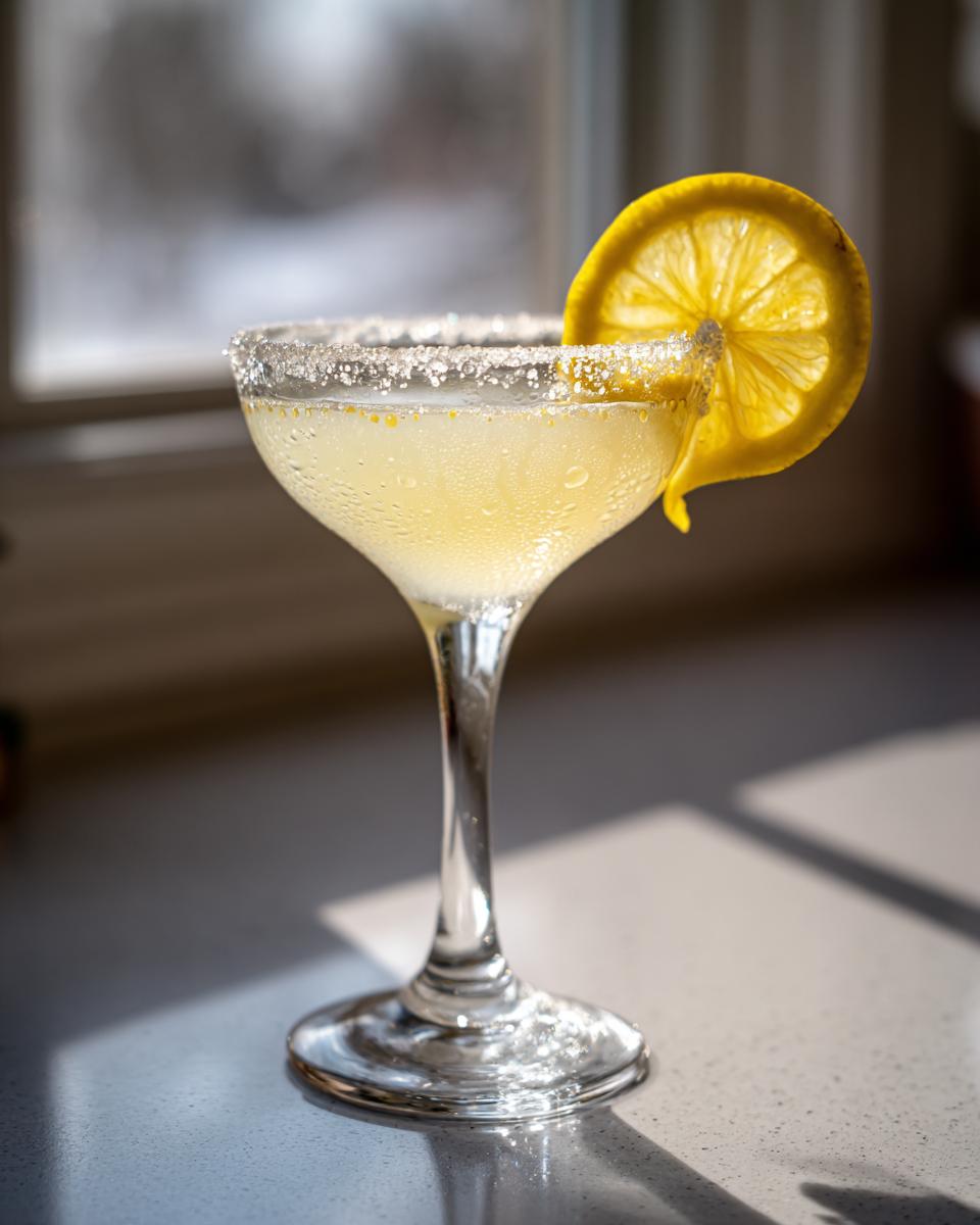 A frosty glass containing a yellow lemon drop martini, featuring a sugared rim and a fresh lemon slice garnish.