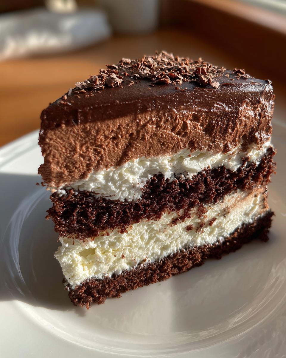 A decadent slice of layered chocolate cake with white cream filling and chocolate mousse topping, referencing the Italian love cake.