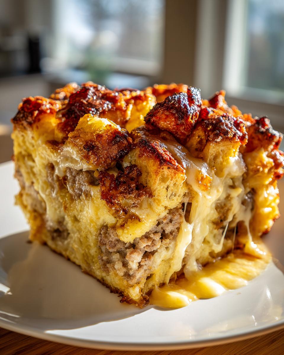 A close-up of a single serving of Christmas breakfast casserole featuring browned bread, sausage, and melted, gooey cheese.