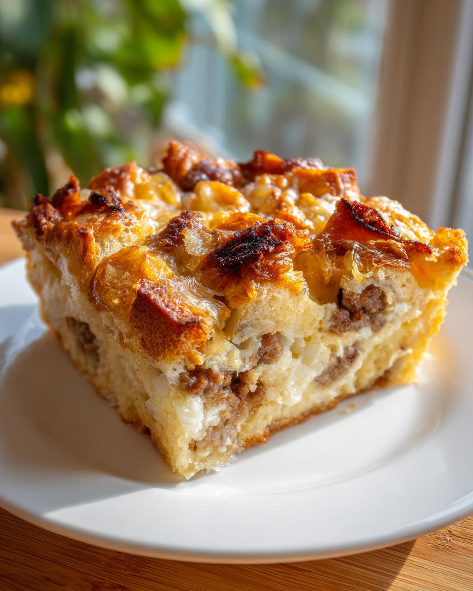 A single square serving of a golden-brown Christmas breakfast casserole with visible sausage and egg filling on a white plate.