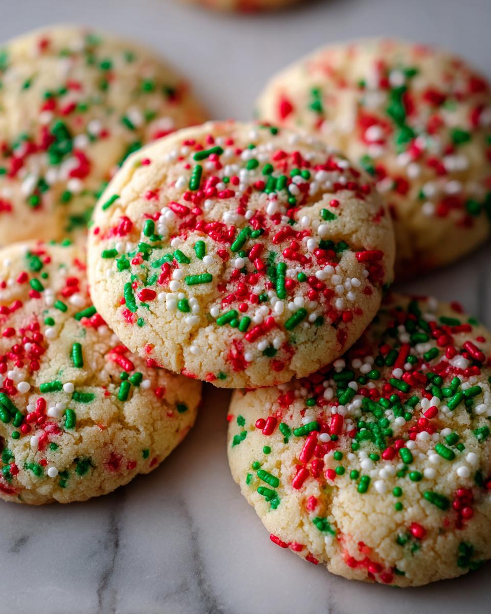 A close-up stack of soft Christmas sprinkle sugar cookies topped with festive red, green, and white sprinkles.