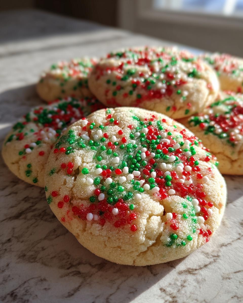 Close-up of soft Christmas sprinkle sugar cookies topped with red, green, and white nonpareils.