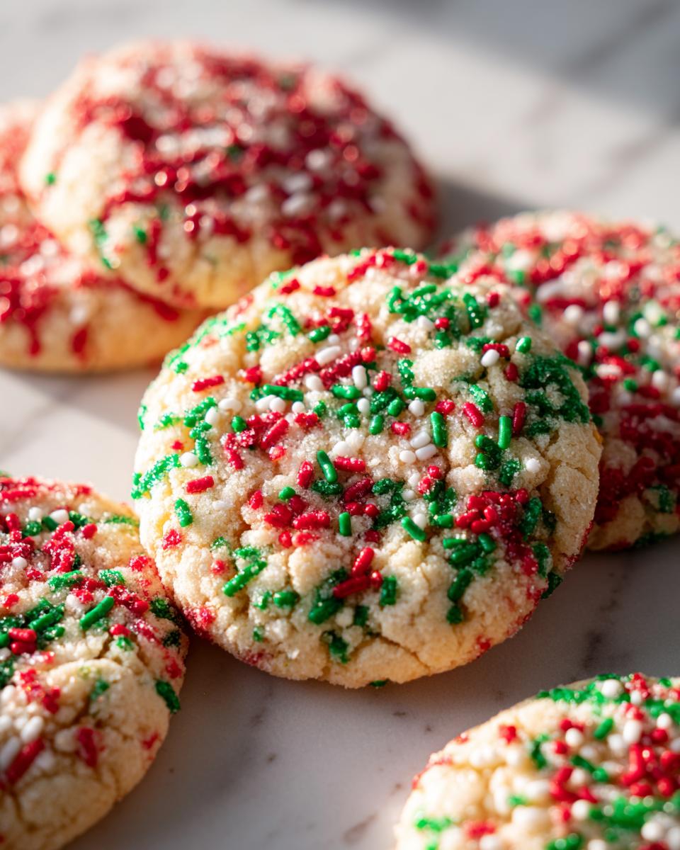 A close-up of several soft Christmas sprinkle sugar cookies topped with red, green, and white sprinkles.