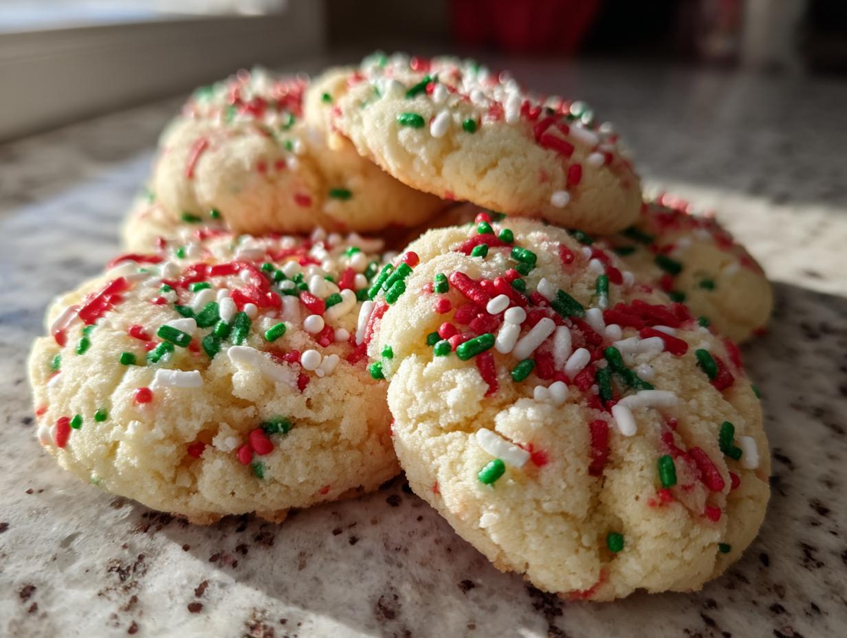 A pile of soft, freshly baked Christmas sprinkle sugar cookies topped with red, green, and white sprinkles.