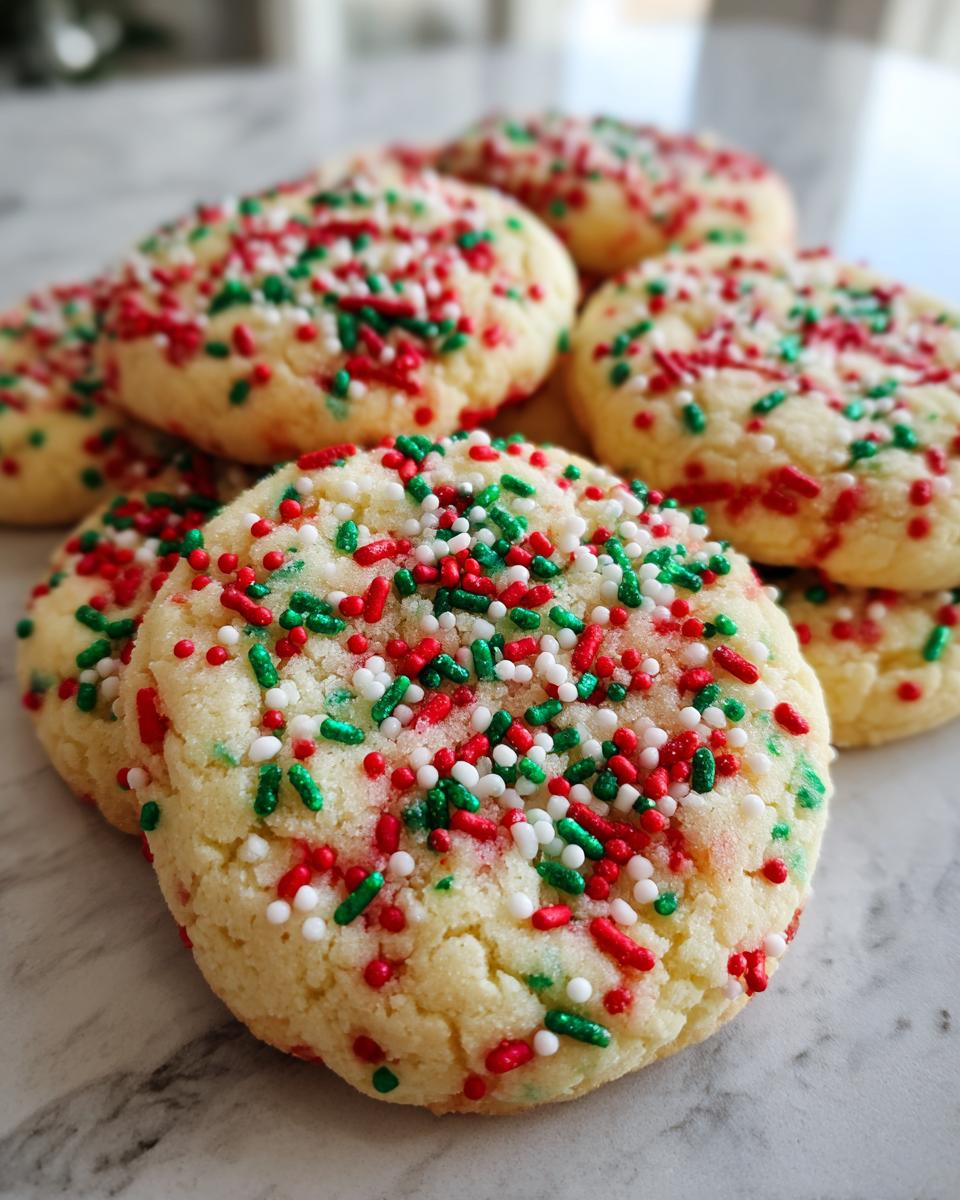 A close-up stack of soft Christmas sprinkle sugar cookies topped with red, green, and white holiday sprinkles.
