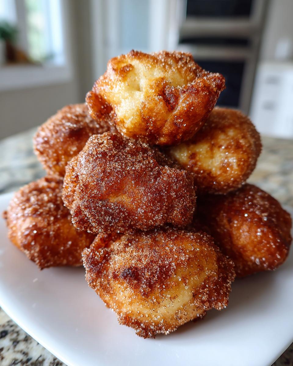 A close-up stack of golden brown, fried buñuelos generously coated in cinnamon sugar, served on a white plate.